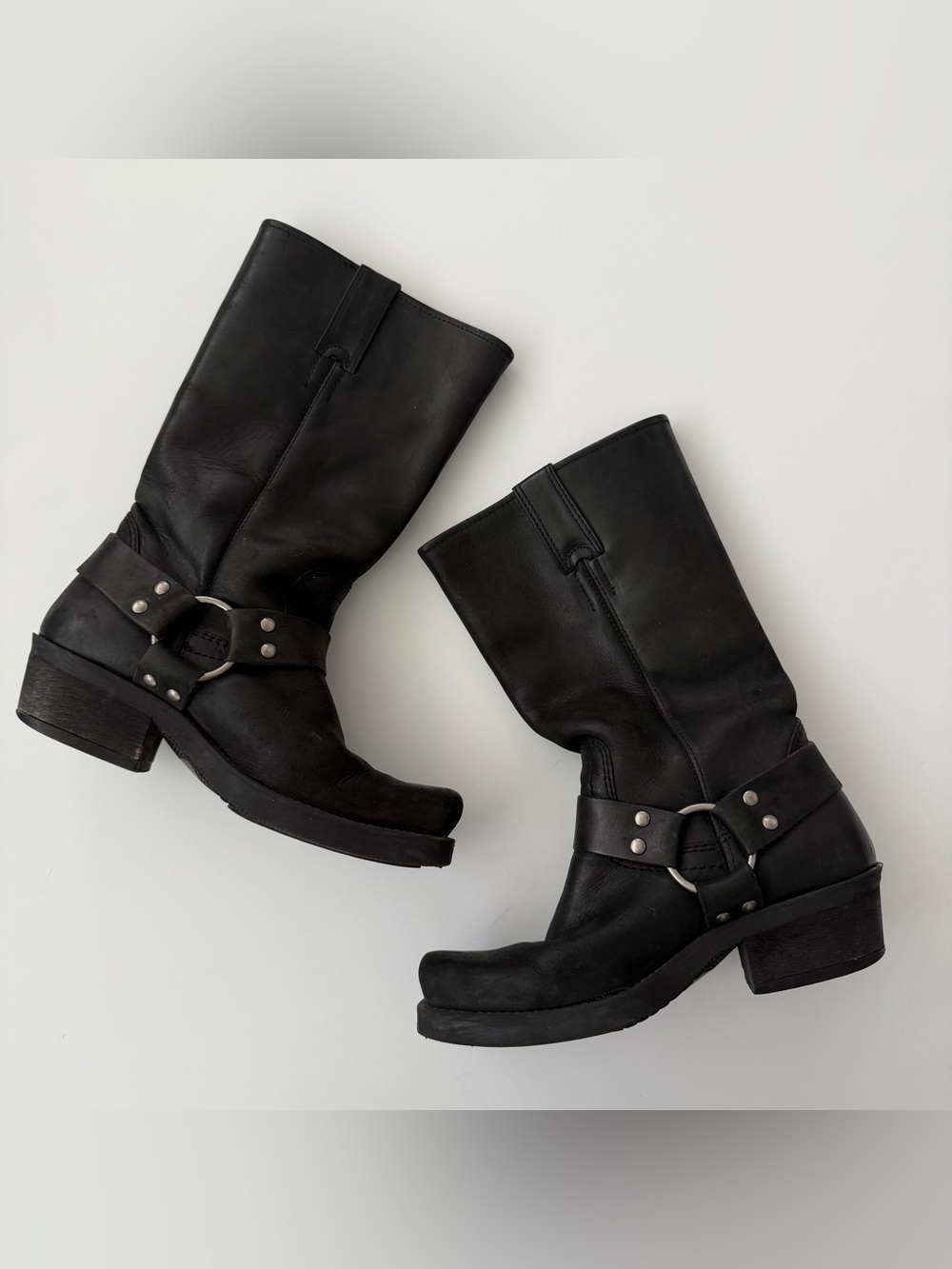 Vintage Black Leather Harness Moto Boots